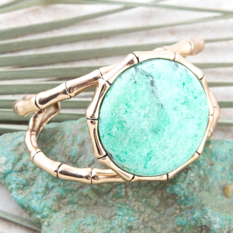 Vibrant Green Chrysoprase Golden Bamboo Statement Cuff Bracelet