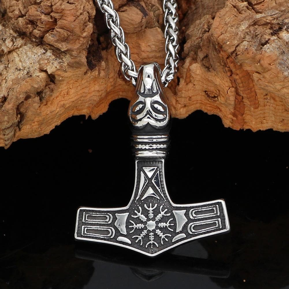 Viking Mjolnir Aegishjalmur Stainless Steel Pendant Necklace