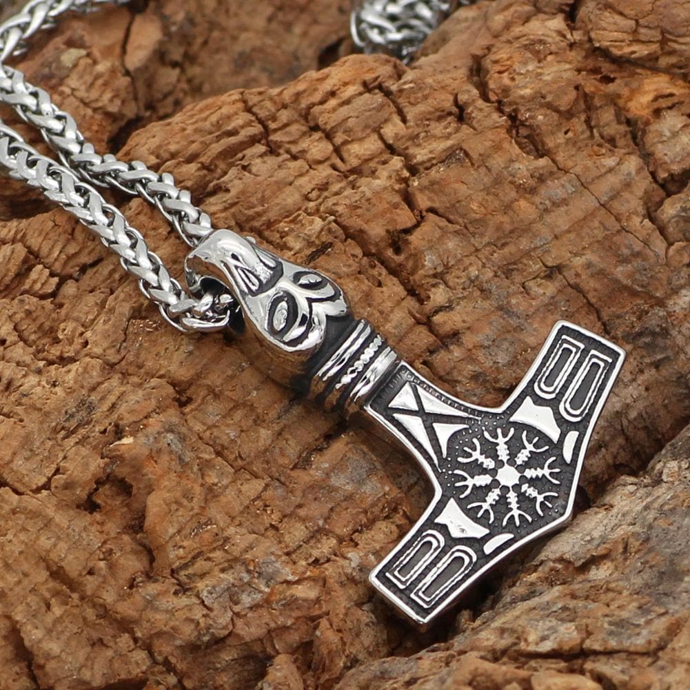 Viking Mjolnir Aegishjalmur Stainless Steel Pendant Necklace